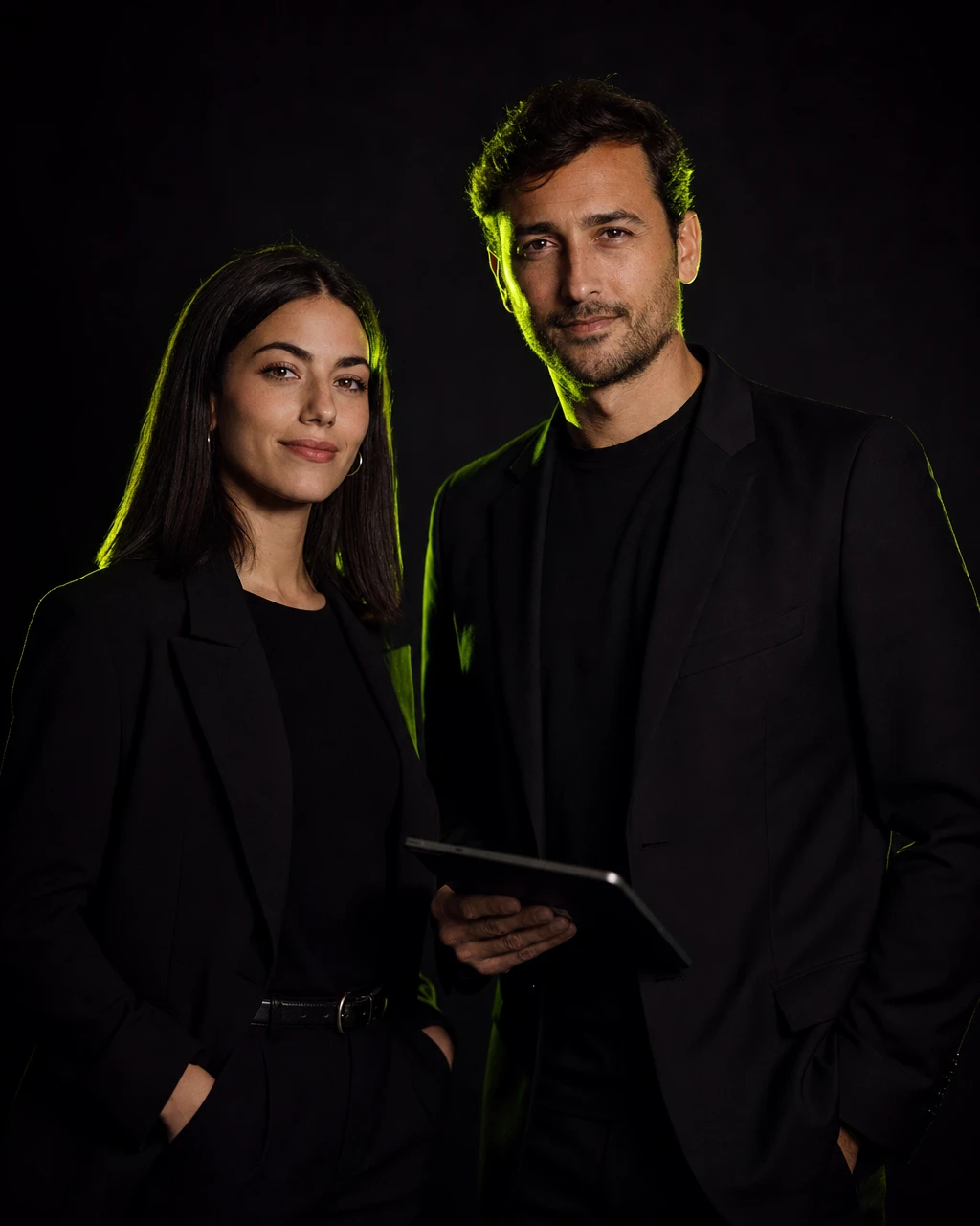 Retrato de una responsable de agencia sobre fondo negro carbón, iluminada con un perfil de luz lima